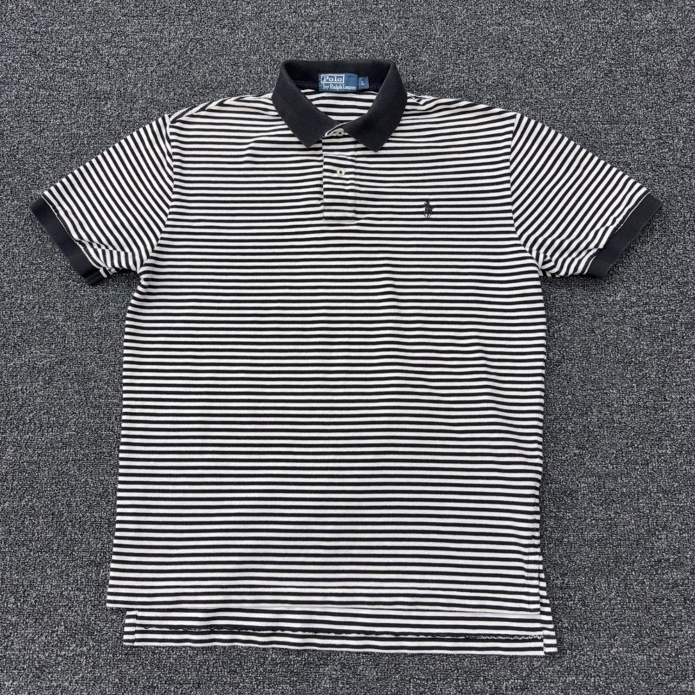 Polo Ralph Lauren Mens Large Black White Striped Short Sleeve Polo Shirt Cotton